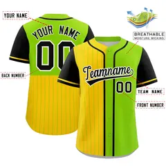 Gold Neon Green and Black Pinstripe Raglan Baseball Jersey 2