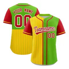 Gold Neon Green and Red Pinstripe Raglan Baseball Jersey 1