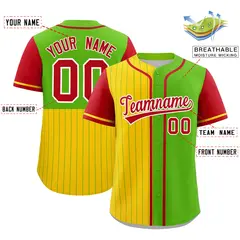 Gold Neon Green and Red Pinstripe Raglan Baseball Jersey 2