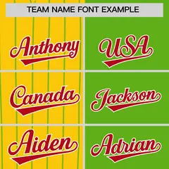 Gold Neon Green and Red Pinstripe Raglan Baseball Jersey 3