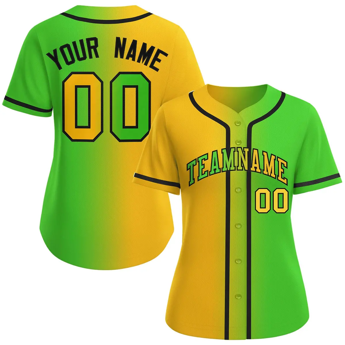 Women's Gold Neon Green-Black Gradient Baseball Jersey