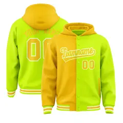 Gold Neon Green Two Tone Split Full-Snap Varsity Letterman Hoodie Jacket 1