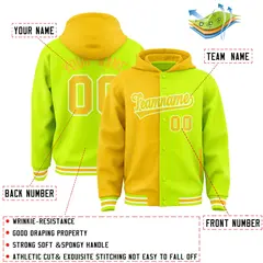 Gold Neon Green Two Tone Split Full-Snap Varsity Letterman Hoodie Jacket 4