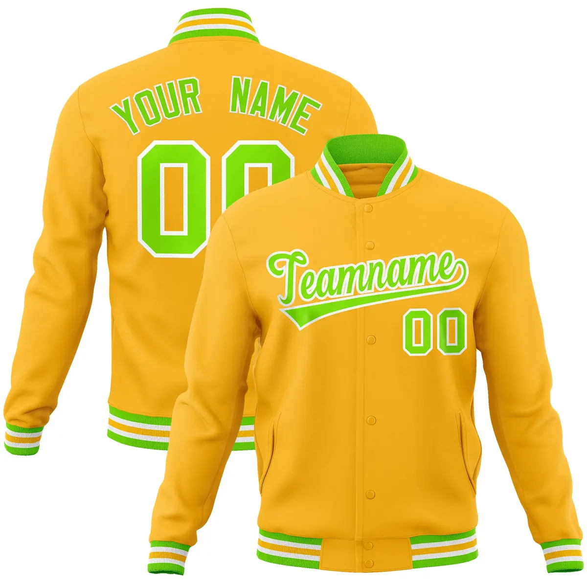 Gold Neon Green-White Varsity Full-Snap Letterman Jacket