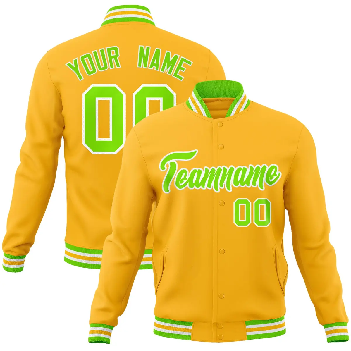 Gold Neon Green-White Varsity Full-Snap Letterman Jacket