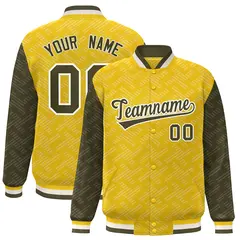 Gold Olive L Pattern Varsity Raglan Full-Snap Letterman Baseball Jacket 1