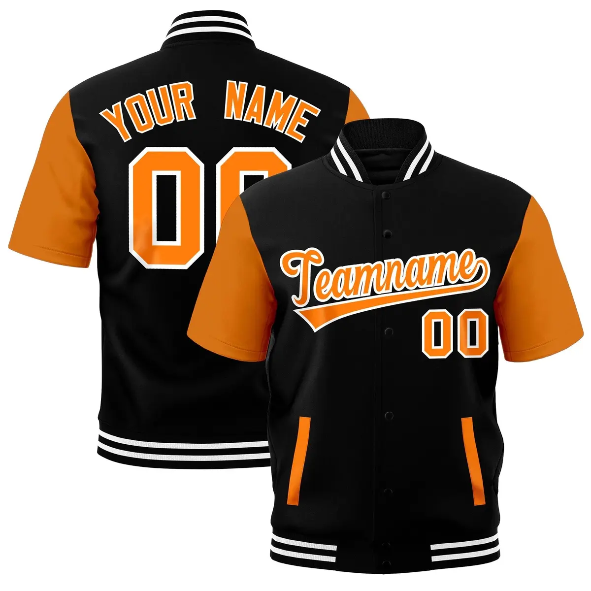 Gold Orange Black White Full-Snap Short Sleeve Varsity Jacket