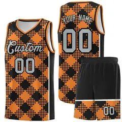 Gold Orange Black-White Grid Basketball Kits For Team