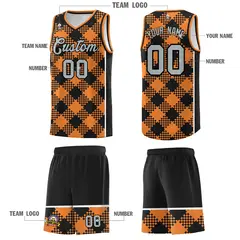 Gold Orange Black-White Grid Basketball Kits For Team 5