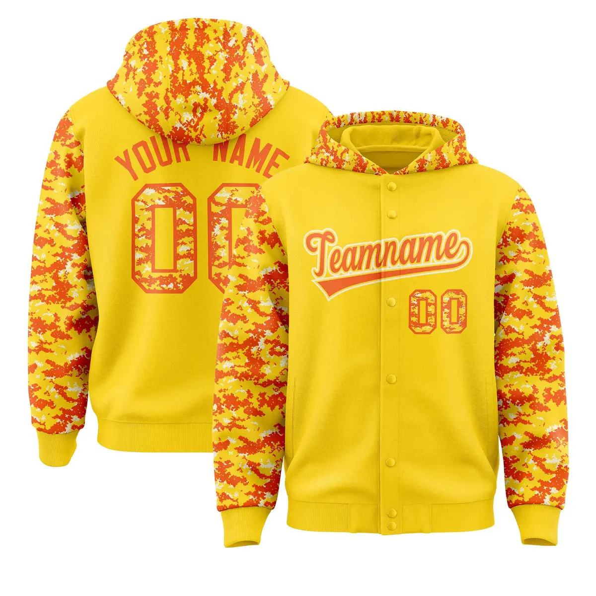 Gold Orange-Cream Raglan Sleeves Camo Varsity Full-Snap Letterman Jacket