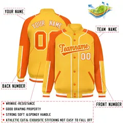 Gold Orange-Gold Full-Snap Raglan Letterman Jacket 2