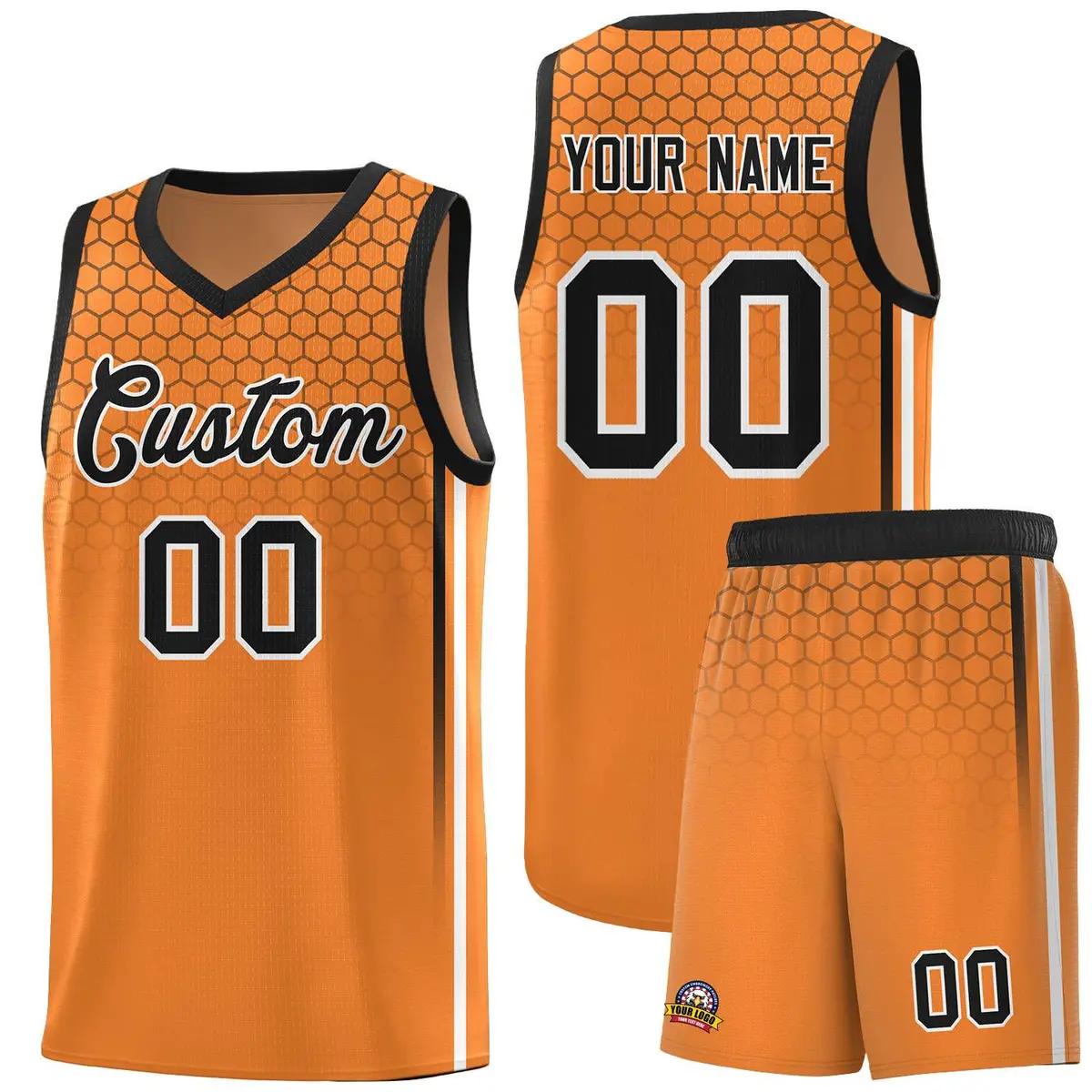 Gold Orange Honeycomb Pattern Basketball Uniform Jersey