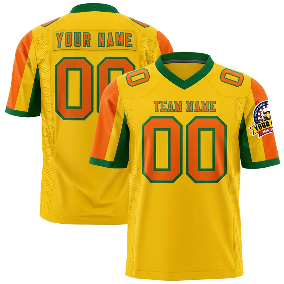 Gold Orange-Kelly Green Color Block Raglan Sleeves Football Jersey