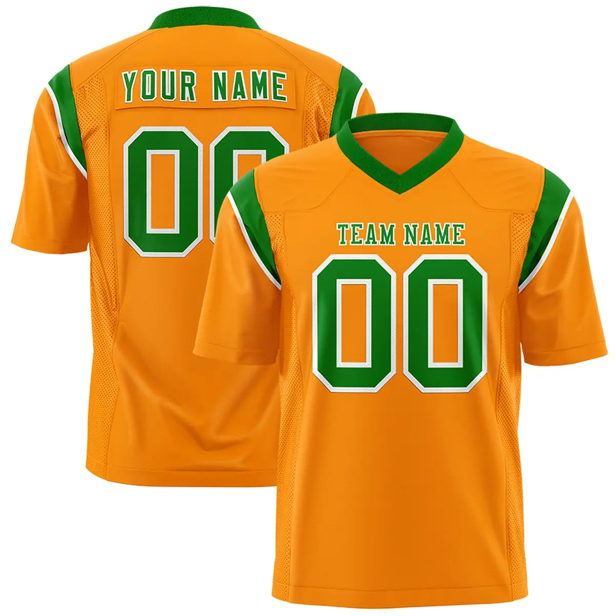 Gold Orange Kelly Green Shoulder Cut Two-Tone Flag Football Jersey
