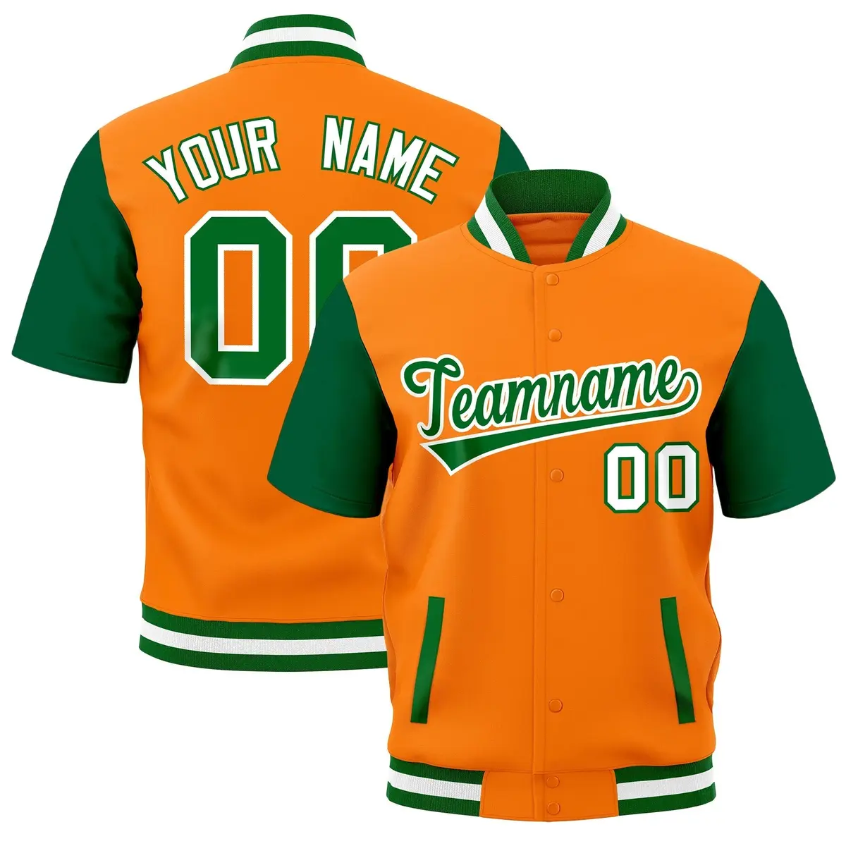 Gold Orange Kelly Green White Full-Snap Short Sleeve Varsity Jacket