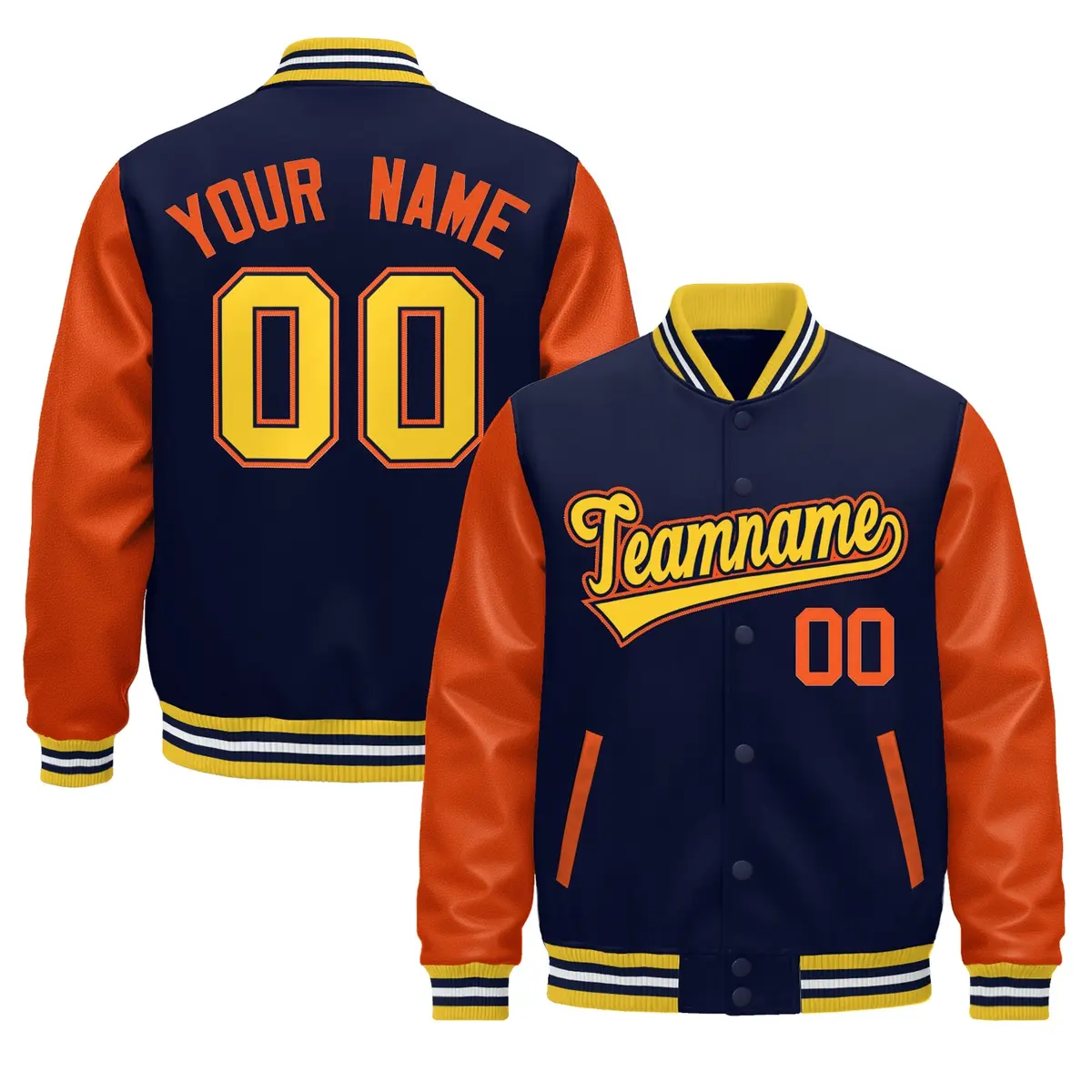 Gold Orange Navy White Varsity Full-Snap Letterman Jacket Raglan Leather Sleeves