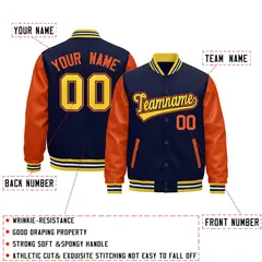 Gold Orange Navy White Varsity Full-Snap Letterman Jacket Raglan Leather Sleeves 2