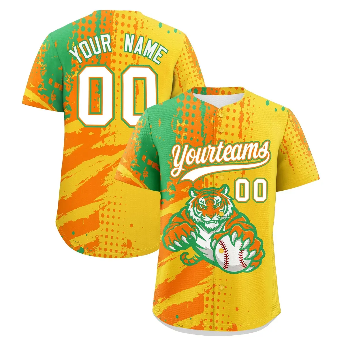 Gold Orange Neon Green Full-Snap Tiger Graffiti Baseball Jersey