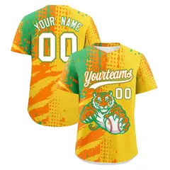Gold Orange Neon Green Full-Snap Tiger Graffiti Baseball Jersey 1