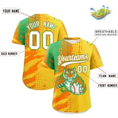Gold Orange Neon Green Full-Snap Tiger Graffiti Baseball Jersey 2