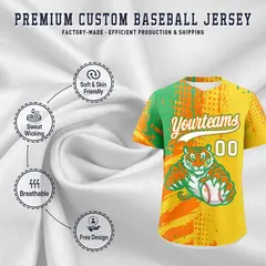 Gold Orange Neon Green Full-Snap Tiger Graffiti Baseball Jersey 3