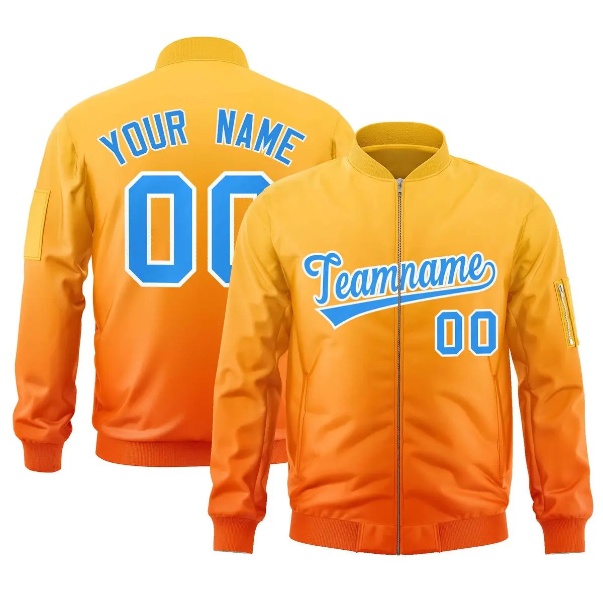 Gold Orange-Powder Blue Gradient Varsity Letterman Bomber Jacket