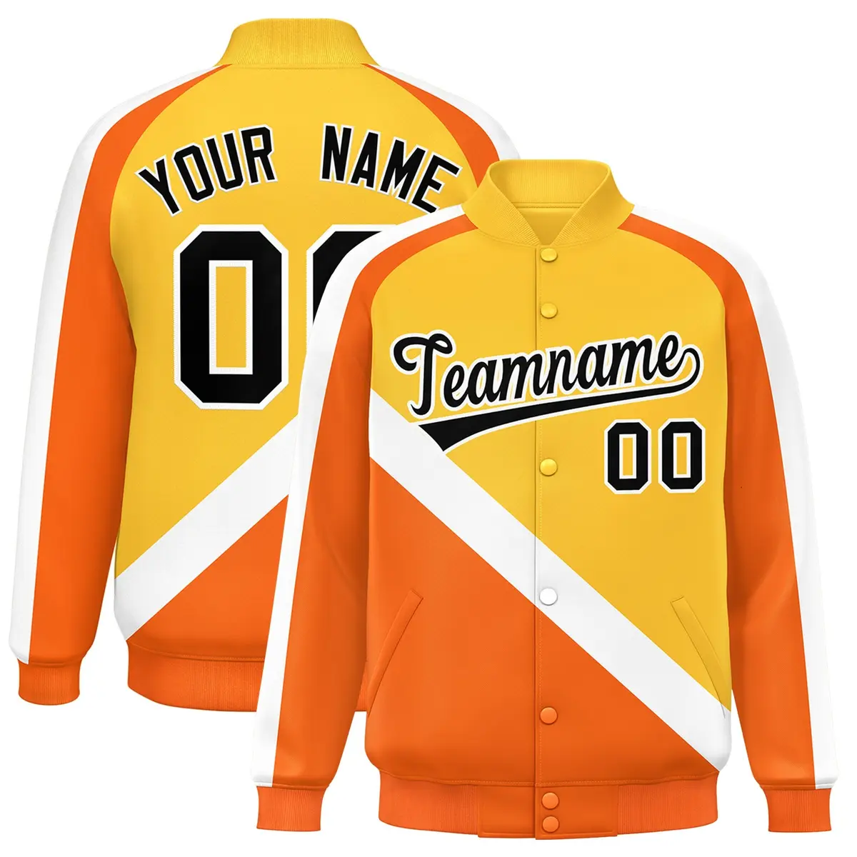 Gold Orange Raglan Sleeves Full-Snap Letterman Baseball Jacket