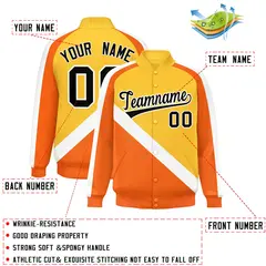 Gold Orange Raglan Sleeves Full-Snap Letterman Baseball Jacket 2