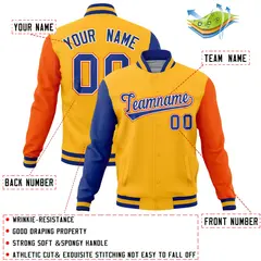 Gold Orange-Royal Full-Snap Raglan Varsity Letterman Jacket 4
