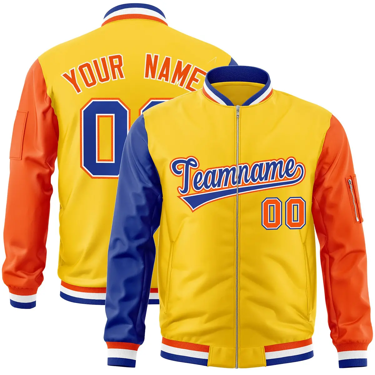 Gold Orange-Royal Varsity Full-Zip Raglan Letterman Bomber Jacket