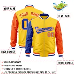 Gold Orange-Royal Varsity Full-Zip Raglan Letterman Bomber Jacket 2