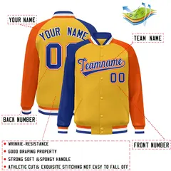 Gold Orange-Royal Varsity Raglan Letterman Bomber Jacket 2