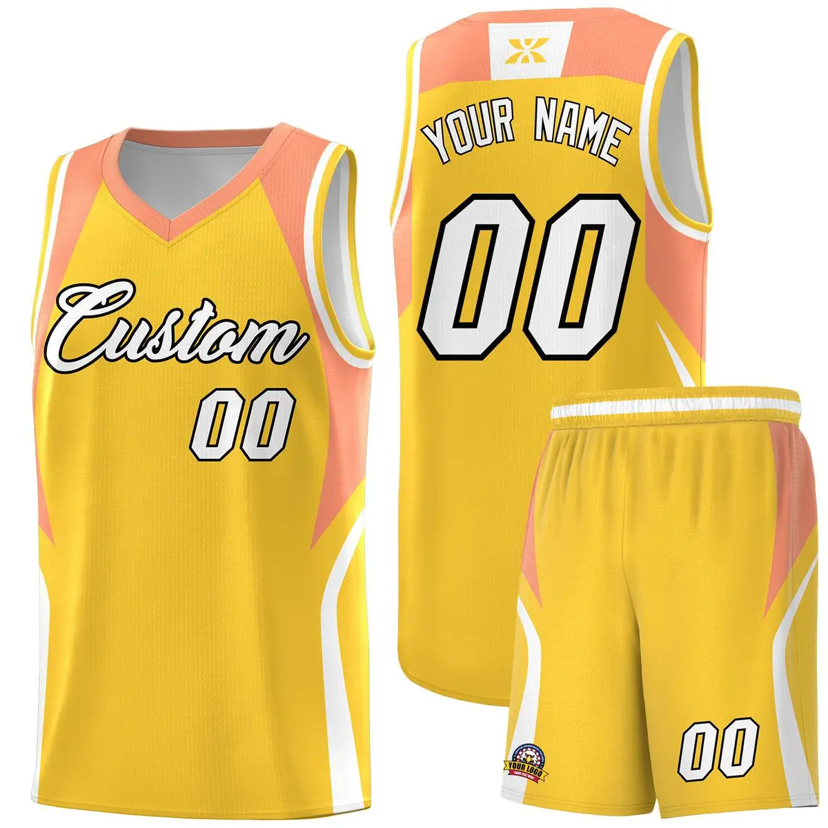 Gold Orange White Color Block Basketball Jersey