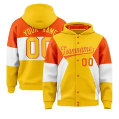 Gold Orange-White Color Block Varsity Full-Snap Letterman Jacket Hoodie