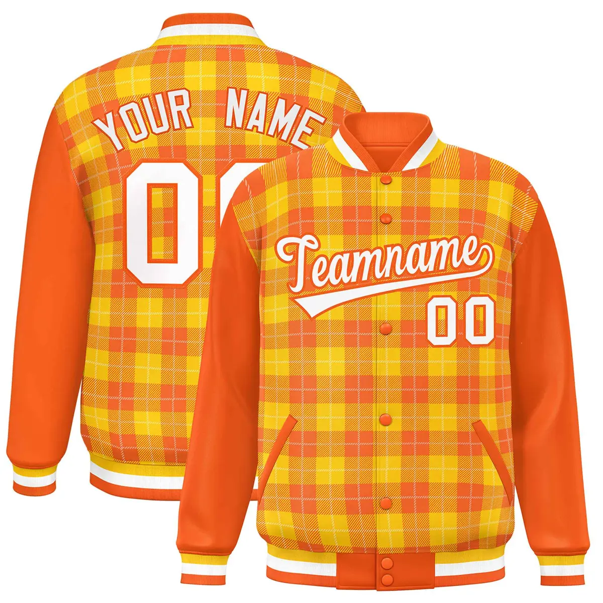 Gold Orange-White Plaid Varsity Full-Snap Letterman Baseball Jacket