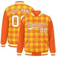Gold Orange-White Plaid Varsity Full-Snap Letterman Baseball Jacket