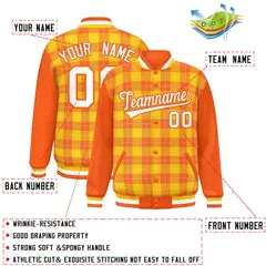 Gold Orange-White Plaid Varsity Full-Snap Letterman Baseball Jacket 2