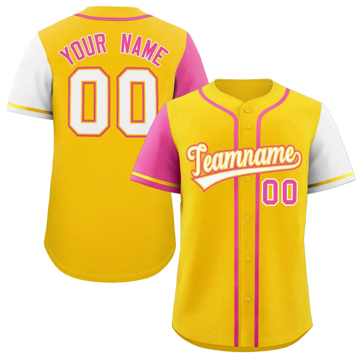 Gold Pink and White Raglan Sleeves Authentic Baseball Jersey