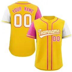 Gold Pink and White Raglan Sleeves Authentic Baseball Jersey