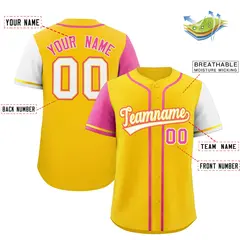 Gold Pink and White Raglan Sleeves Authentic Baseball Jersey 2