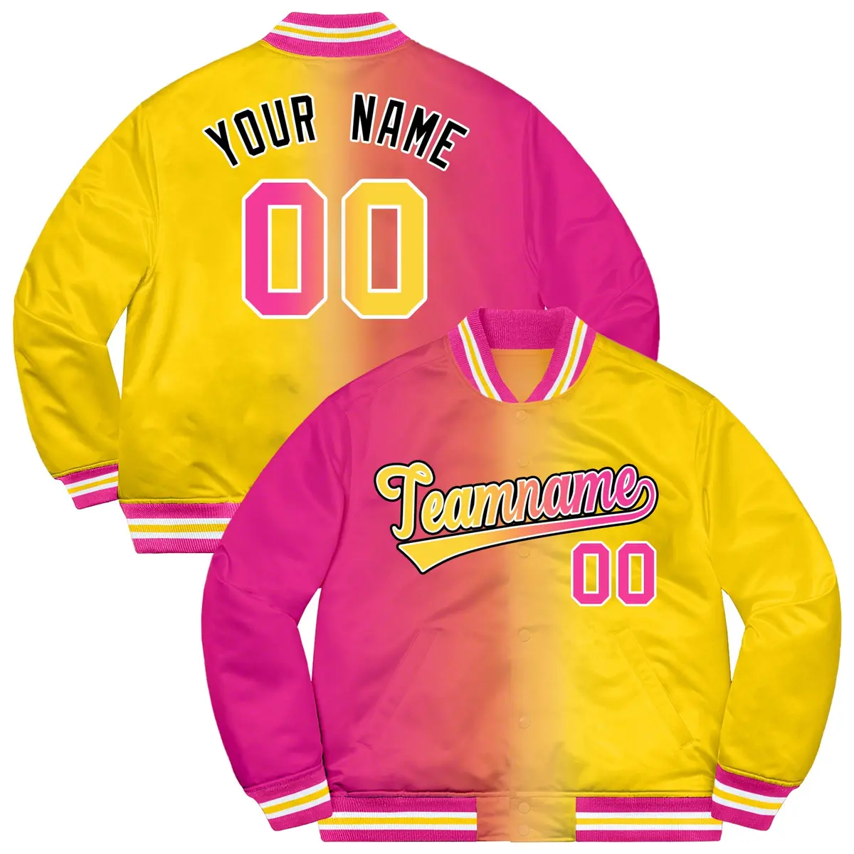 Gold Pink-Black Gradient Varsity Letterman Bomber Jacket