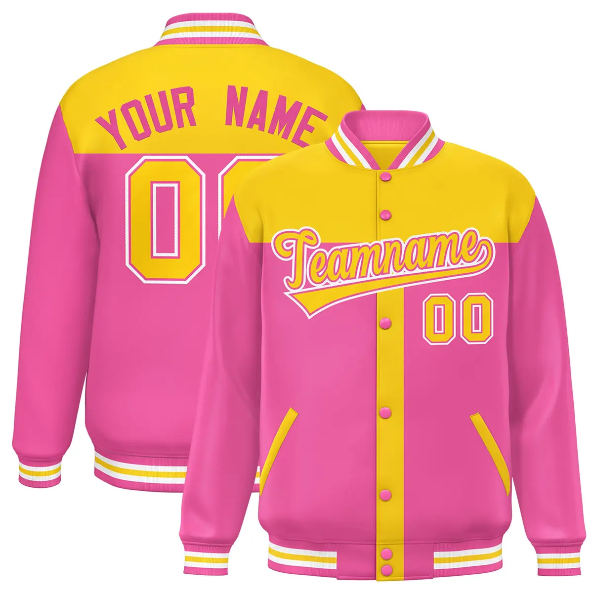 Gold Pink Color Block Varsity Bomber Baseball Jacket