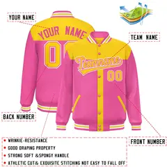 Gold Pink Color Block Varsity Bomber Baseball Jacket 2