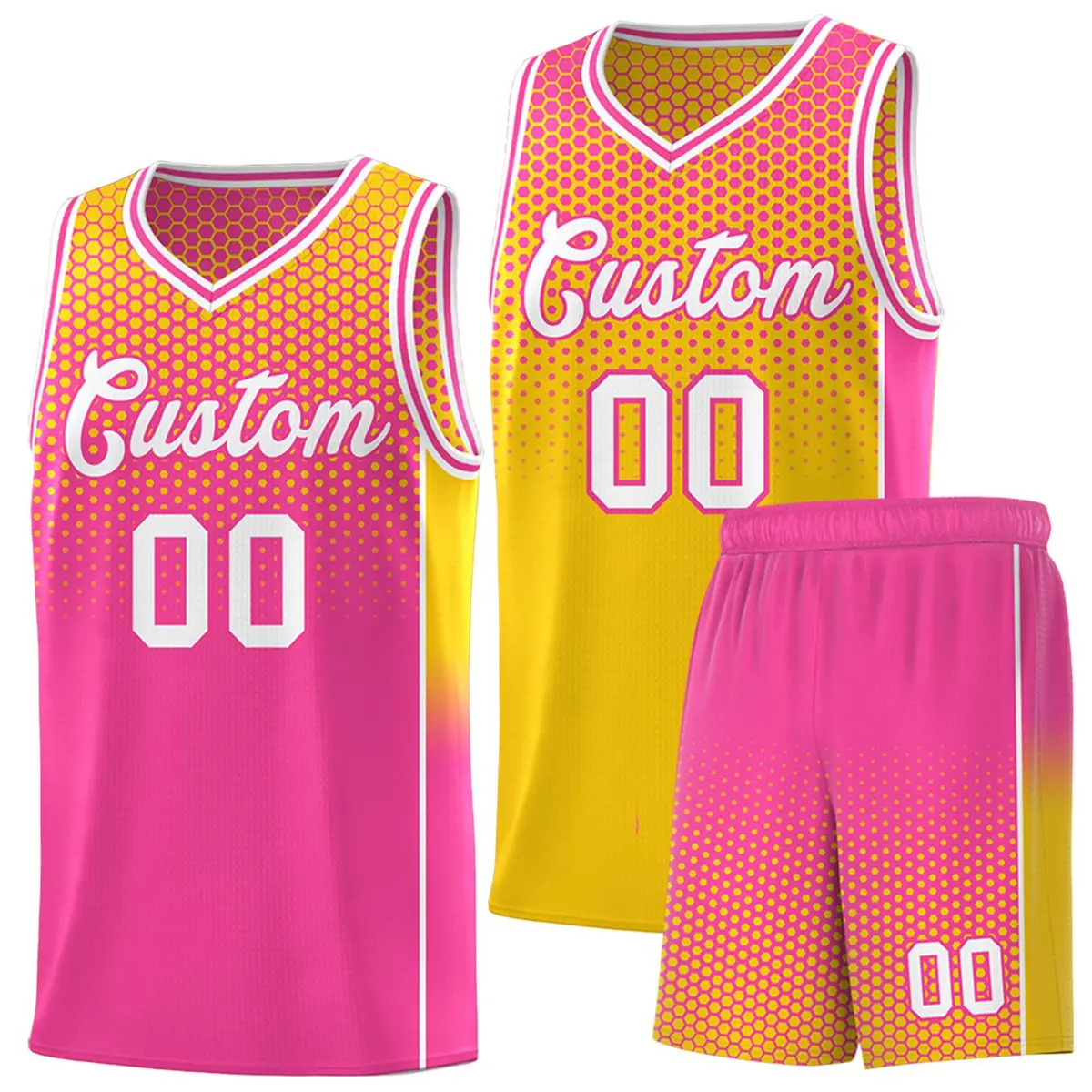 Gold Pink Dot Pattern Reversible Side Gradient Basketball Jersey Kits