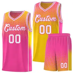 Gold Pink Dot Pattern Reversible Side Gradient Basketball Jersey Kits