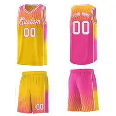 Gold Pink Dot Pattern Reversible Side Gradient Basketball Jersey Kits 5
