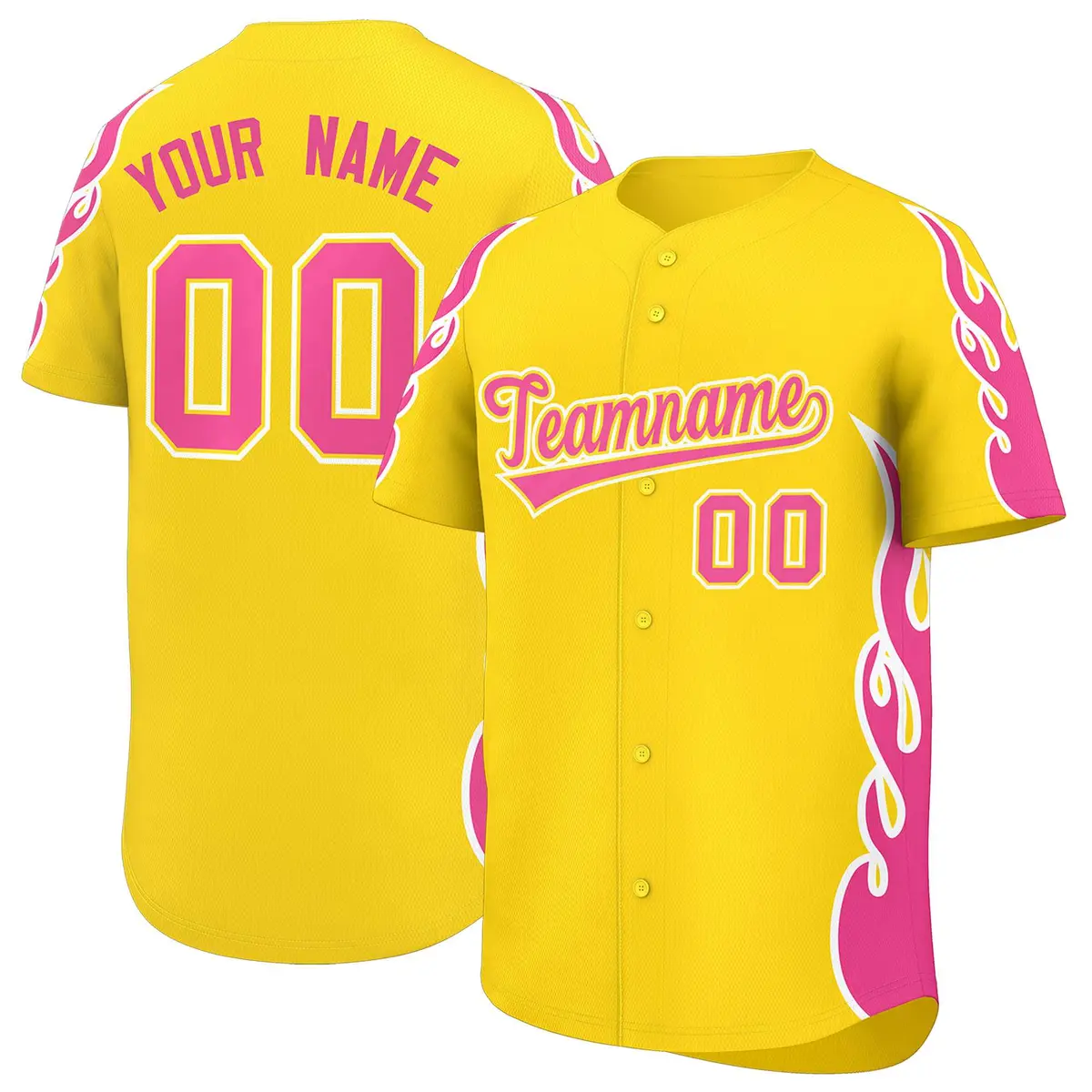 Gold Pink Flame Outline Side Pattern Baseball Jersey