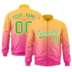 Gold Pink-Green Gradient Full-Zip Letterman Bomber Jacket