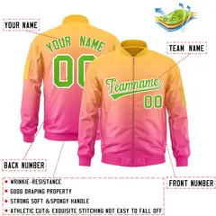 Gold Pink-Green Gradient Full-Zip Letterman Bomber Jacket 2