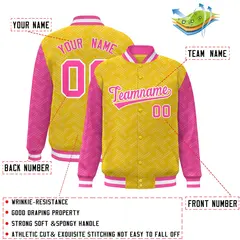 Gold Pink L Pattern Varsity Raglan Full-Snap Letterman Baseball Jacket 2